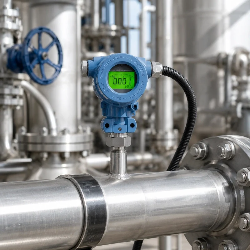 Digital pressure transmitter installed on industrial process pipeline