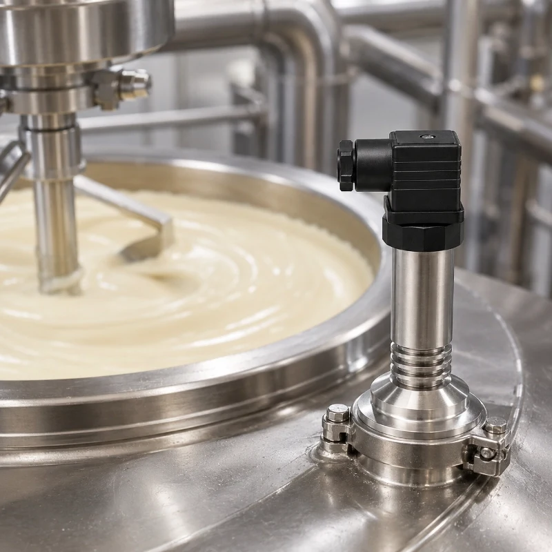 Flush diaphragm pressure sensor for viscous food media processing