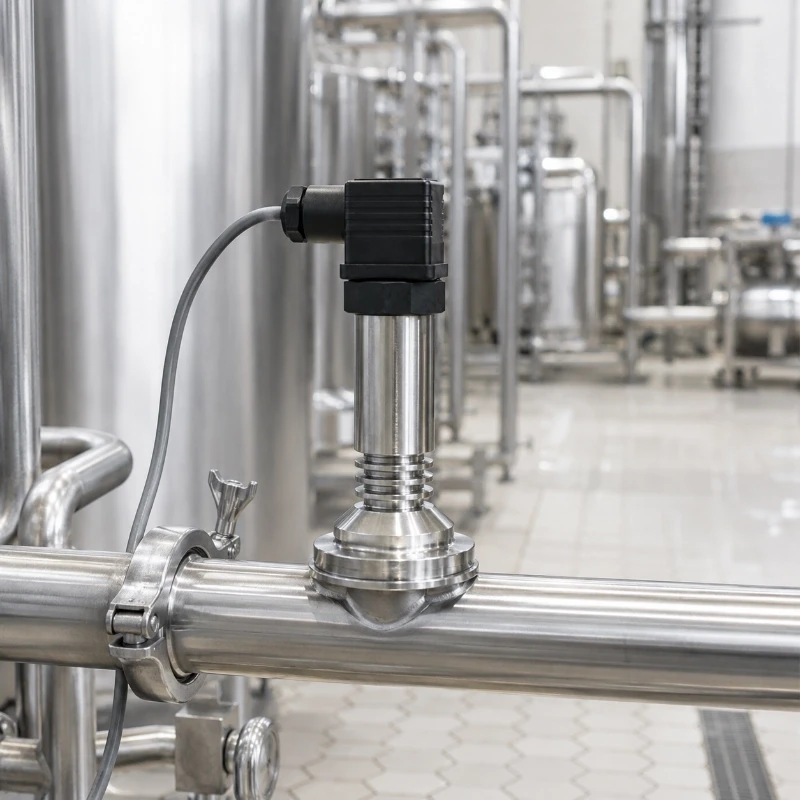 Flush mount pressure transmitter for sanitary pipeline pressure measurement