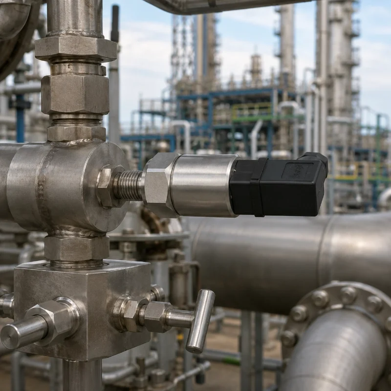 Industrial pressure sensor installed on chemical process pipeline