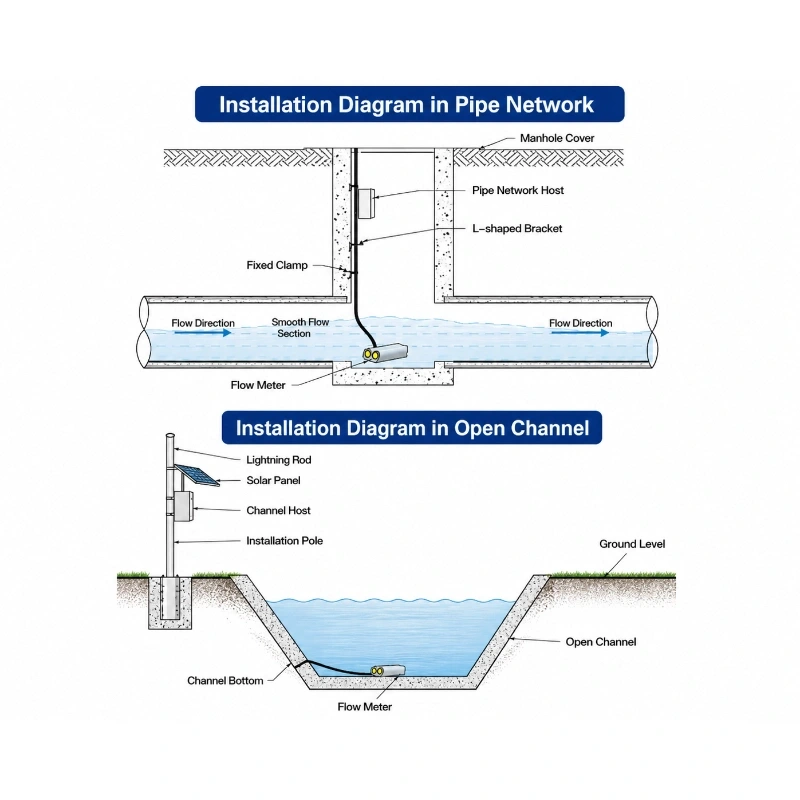 Open channel Doppler flow meter with water level measurement