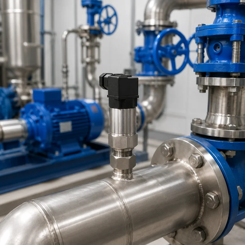 Pressure transmitter mounted on stainless steel water supply piping