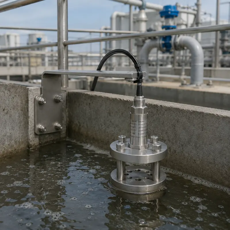 Submersible level transmitter for wastewater treatment basin monitoring