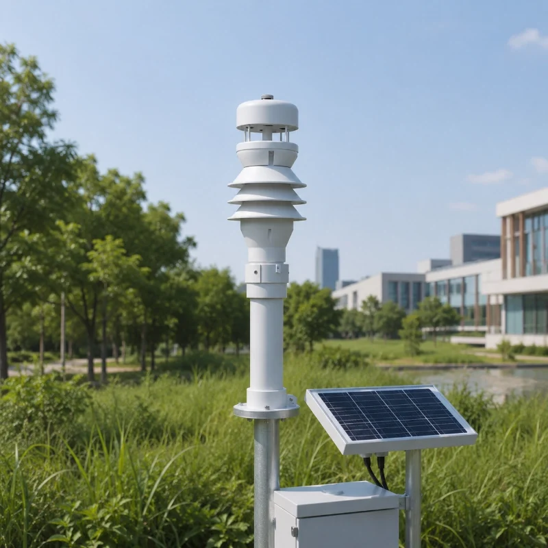 Estação meteorológica automática compacta com painel solar para monitoramento ambiental inteligente.