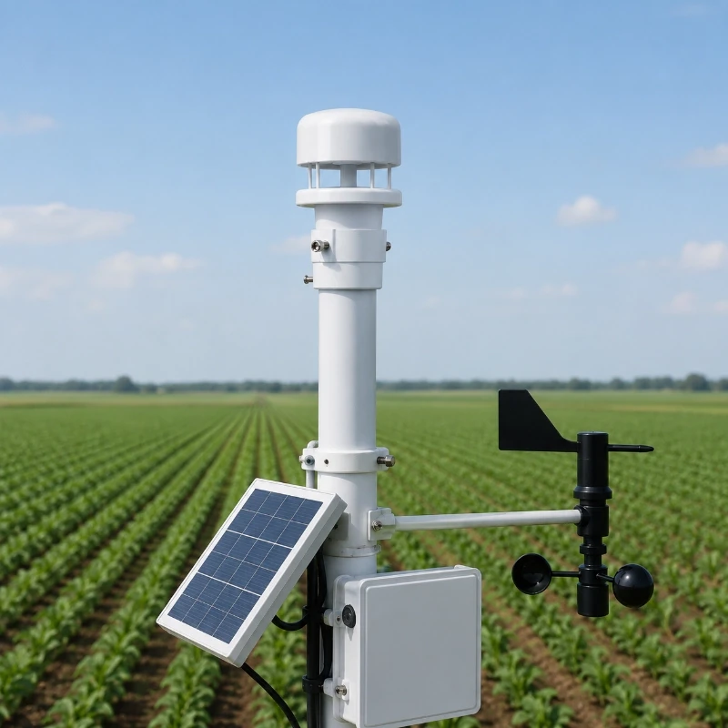 Compact weather sensor installed on agricultural weather station for field monitoring