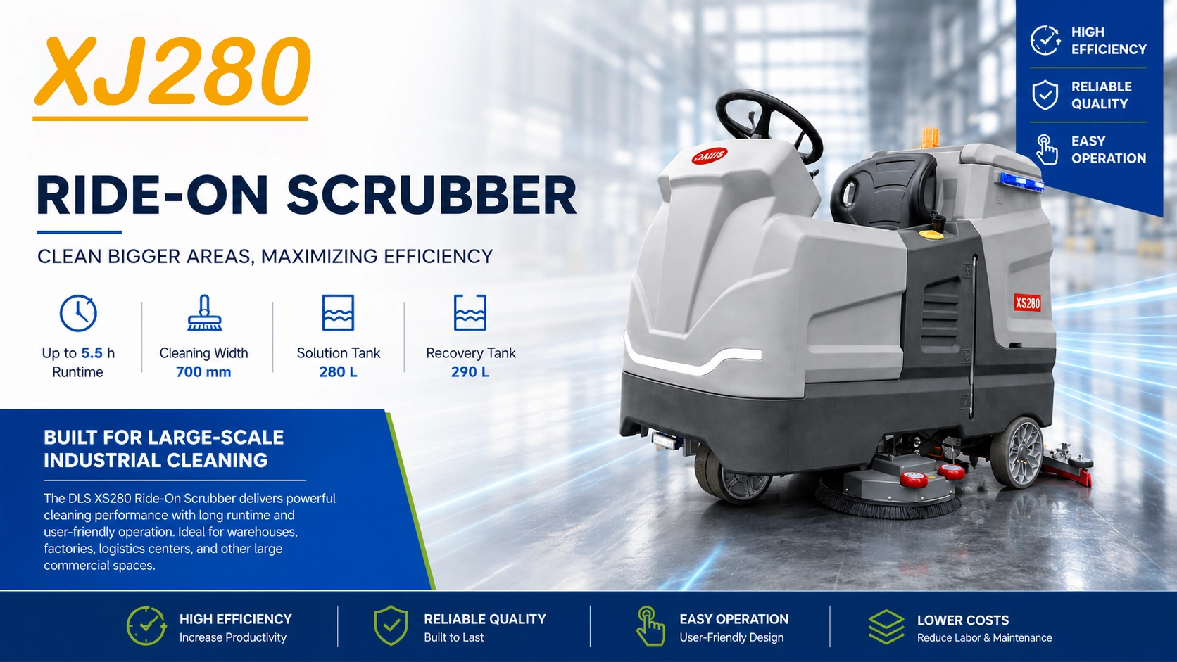280L extra-large water tank + 3-5 hours of runtime: DLS-XJ280 redefines the efficiency standard for industrial-grade floor scrubbers.