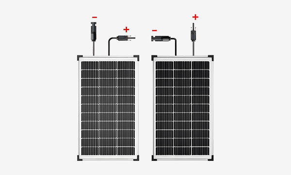 Series connection diagram for 160W to 200W monocrystalline solar panels – positive to negative wiring doubles voltage for 24V RV, boat and off-grid battery banks