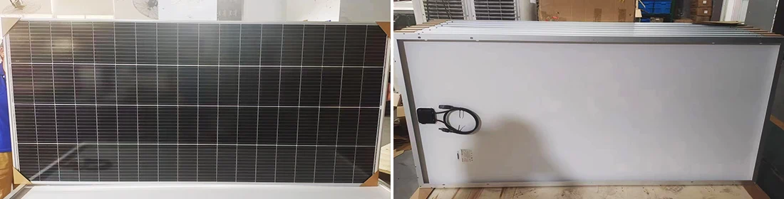 Real product close-up of 370W monocrystalline solar panel – 21.23% efficient cell surface and aluminum frame detail