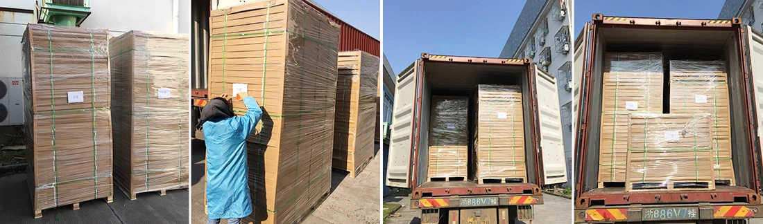Palletized 370W monocrystalline solar panels loading into truck for wholesale shipping to off-grid system dealers
