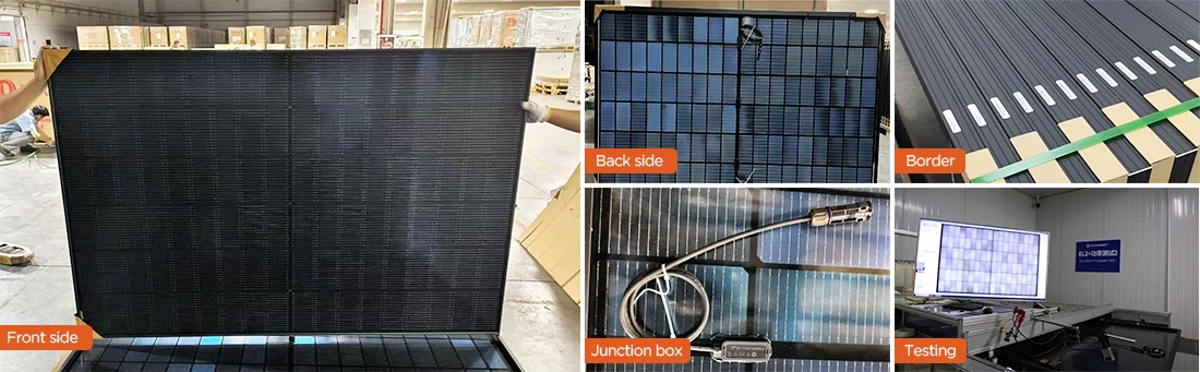 Multi-angle real product showcase of 460W full black N-type TOPCon solar panel – front, side, back, and junction box details for German, French, and Italian home rooftop solar projects