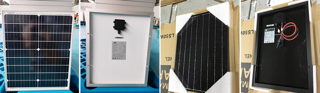 Actual shot of 50W solar panel laying on ground – monocrystalline module real product display for off-grid use