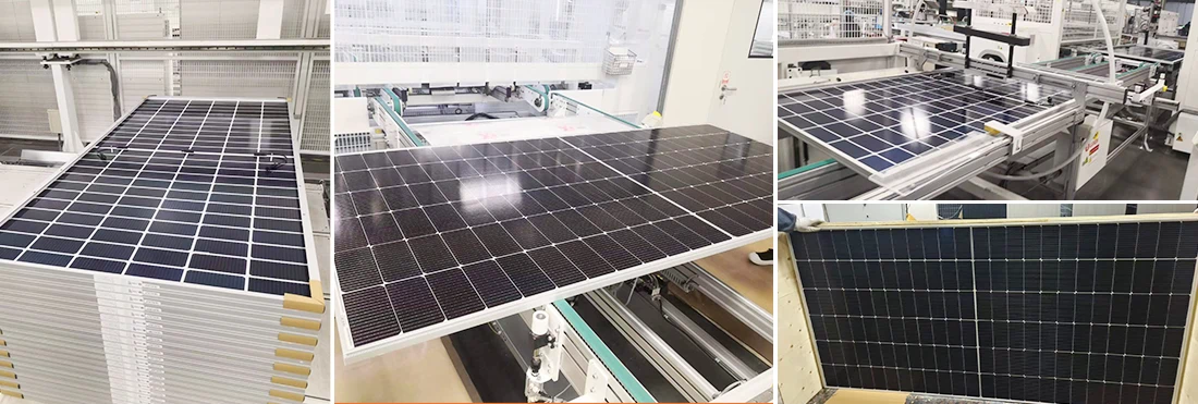 600W N-Type TOPCon bifacial solar panel being manufactured on production line with quality control inspection at solar factory