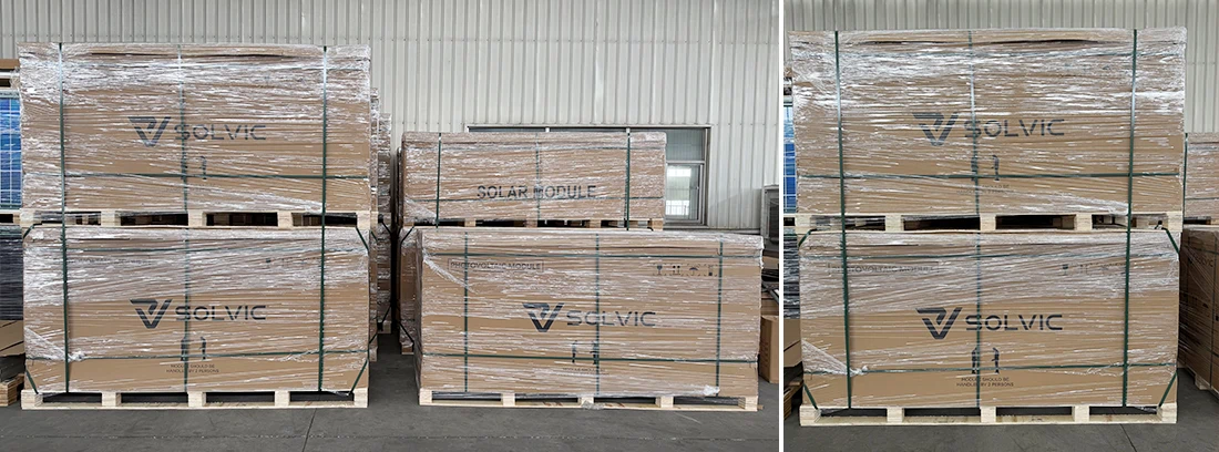 Pallet of 600W N-Type TOPCon bifacial solar panels packaged and strapped for export shipping to commercial solar farm project