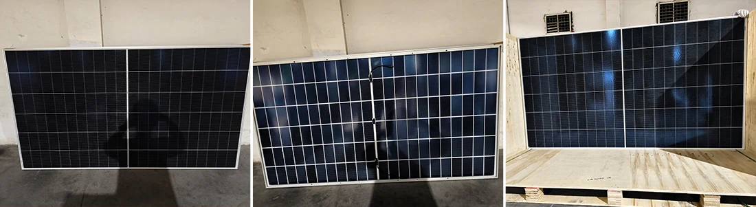 Real product shot of 730W N-Type TOPCon bifacial solar panel showing 210mm 132 cell layout and actual surface texture for utility solar farm