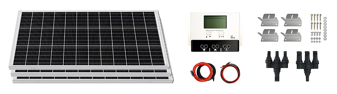 Solar panel installation accessories showcase – complete kit including Z-brackets mounting hardware, MC4 connectors, solar cables, charge controller, fuse holder, and cable entry gland for RV roof or cabin off-grid system setup