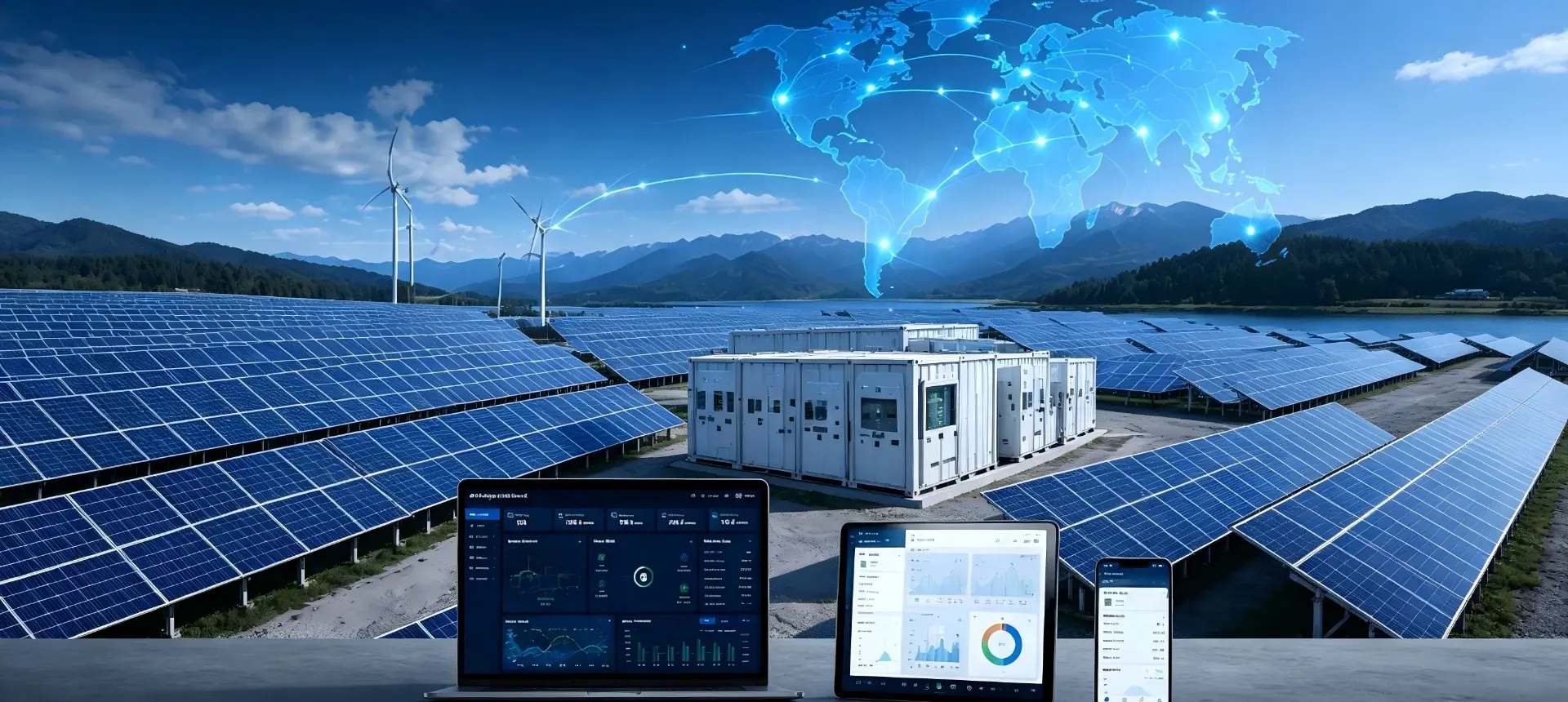 Digital energy management dashboard showing real-time monitoring and visualization of renewable energy systems