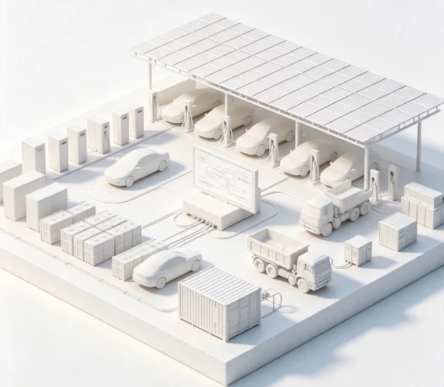 Solar carport with battery storage and DC fast chargers forming an integrated microgrid for EV charging station.