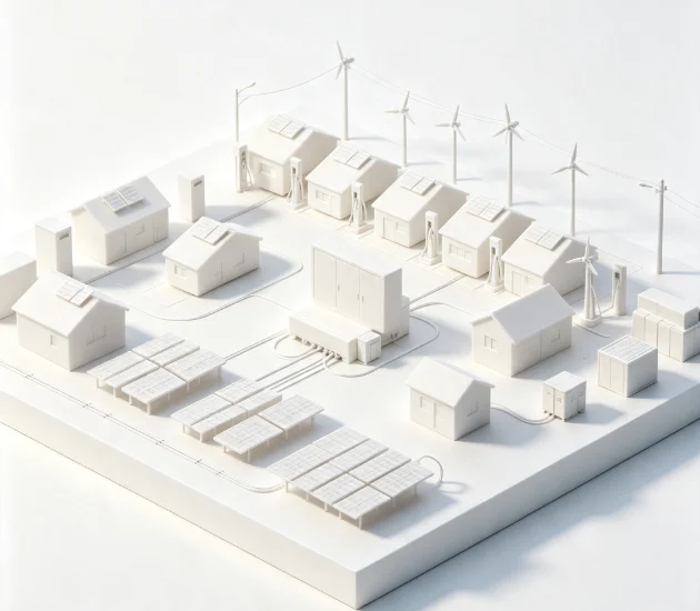 Off-grid renewable microgrid with solar PV, wind turbine, and battery storage powering a remote rural village.