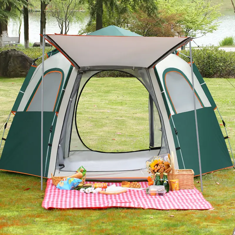 hexagonal camping tent with porch