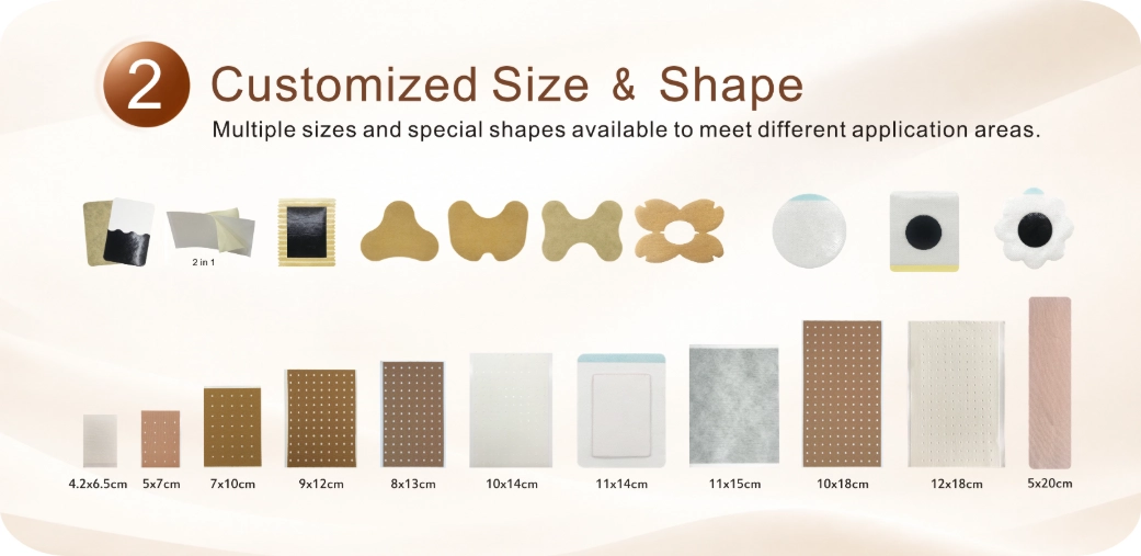 Custom patch sizes and shapes, including rectangular, round, flower-shaped, and contoured designs, with dimensions ranging from 4.2 × 6.5 cm to 5 × 20 cm.