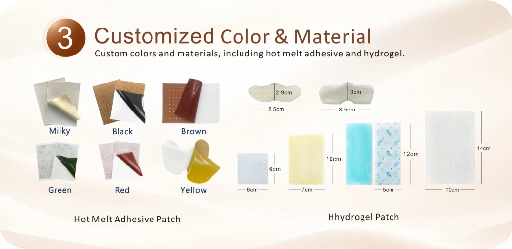 Hot melt adhesive patches in milky white, black, brown, green, red, and yellow, alongside hydrogel patches in various sizes and shapes.