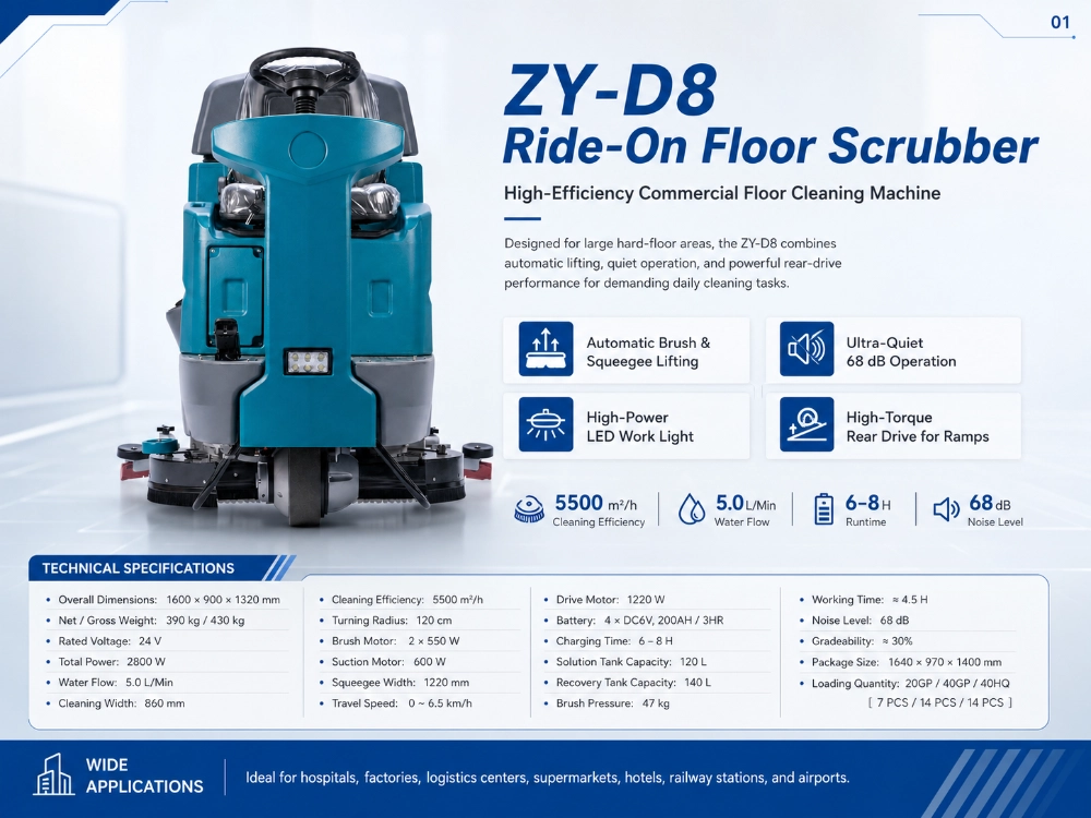 ZY-D8 ride-on floor scrubber infographic, overview with key features: automatic brush & squeegee lifting, ultra-quiet 68dB operation, LED work light, high-torque rear drive, cleaning efficiency 5500 m²/h