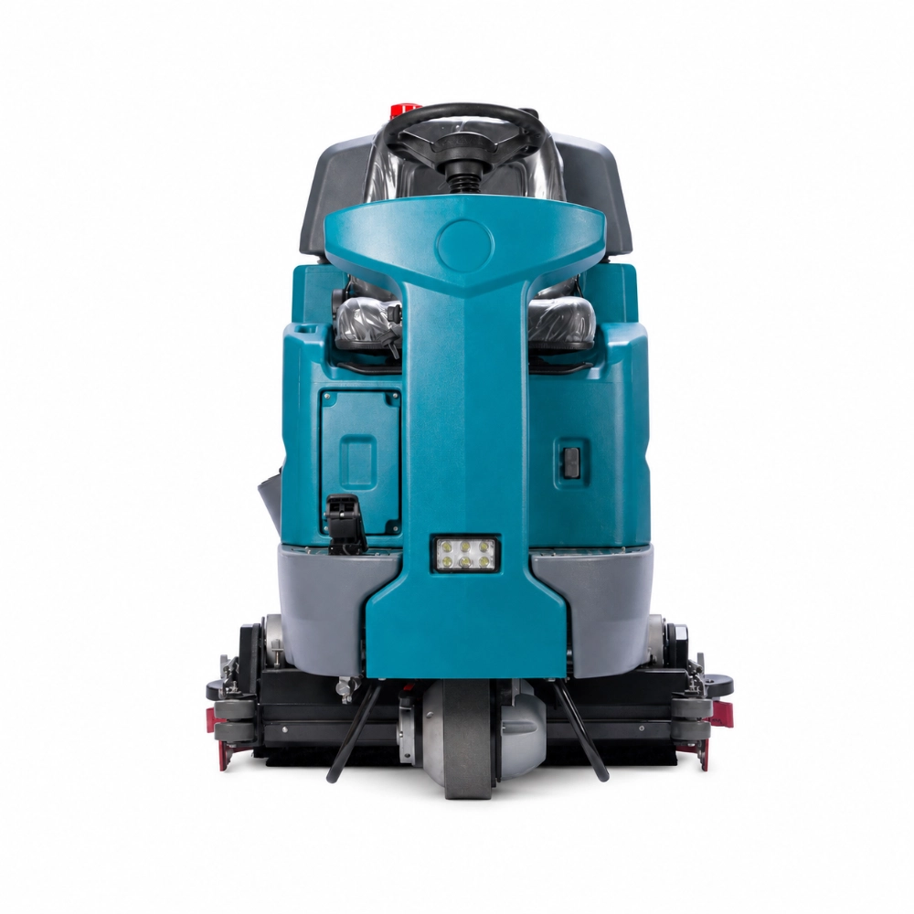 ZY-D8G ride-on floor scrubber sweeper front view, integrated cleaning machine with dual roller brushes, LED work light, and steering console