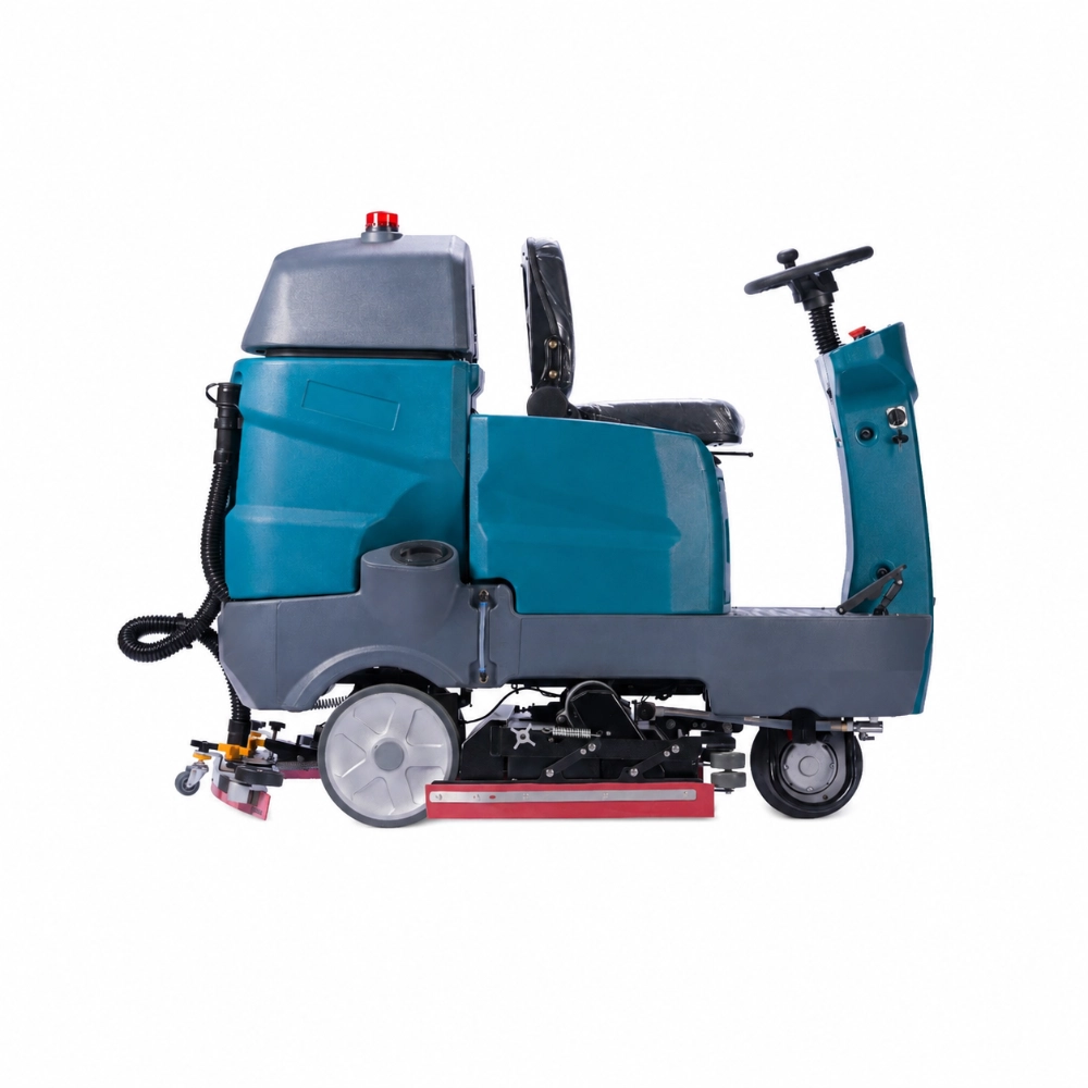 ZY-D8G ride-on floor scrubber sweeper left side view, integrated floor cleaner with recovery tank hoses, dual roller brushes, and operator seat