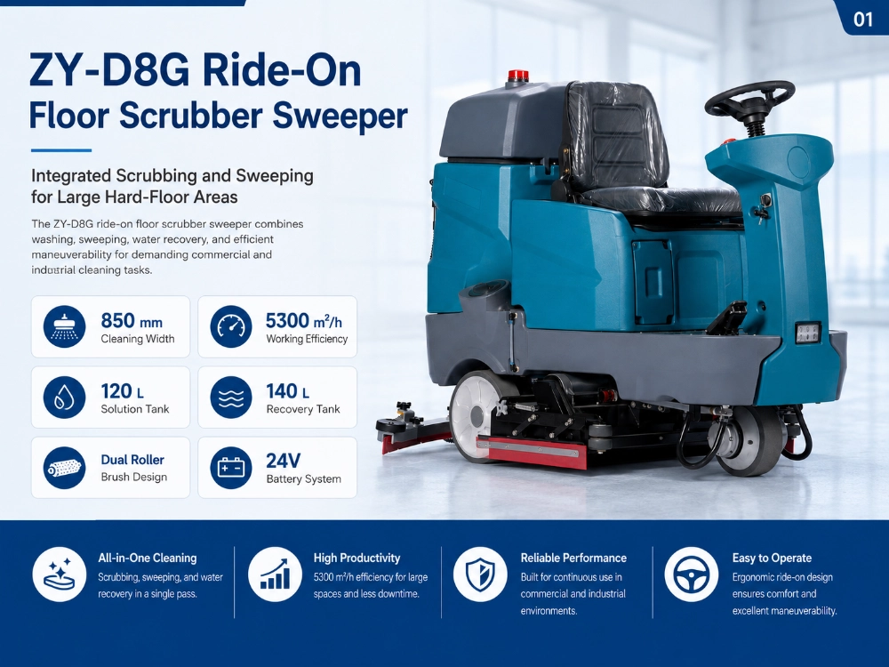 ZY-D8G ride-on floor scrubber sweeper overview infographic, integrated scrubbing and sweeping machine with 850mm width, 5300m²/h efficiency, 120L/140L tanks, dual roller brushes