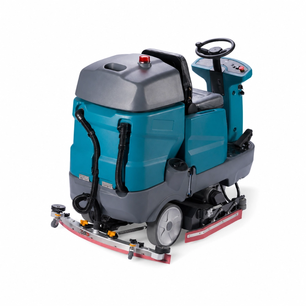 ZY-D8G ride-on floor scrubber sweeper rear oblique view, integrated floor cleaner with dual squeegee system, recovery tank hoses, and operator console