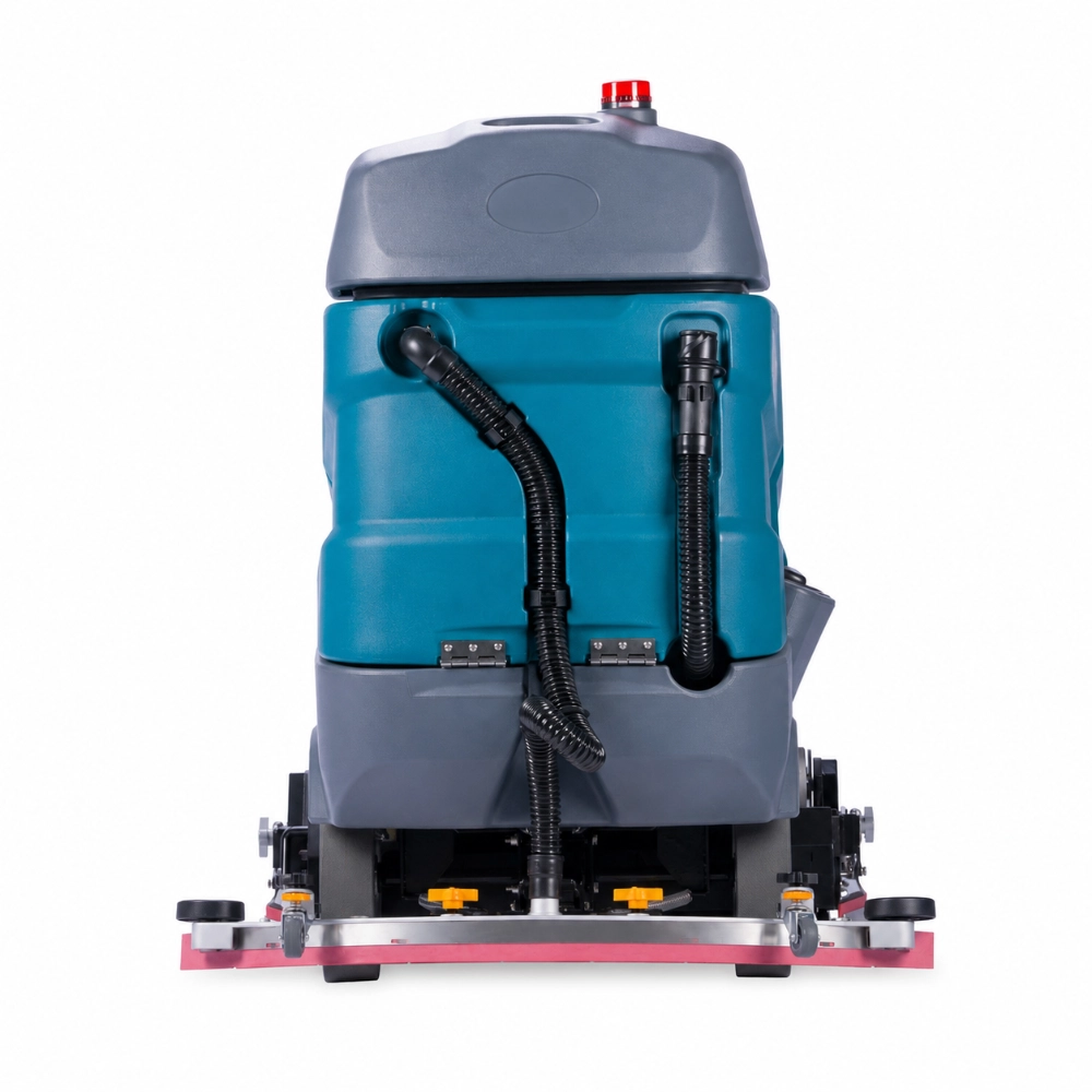 ZY-D8G ride-on floor scrubber sweeper rear view, showing recovery tank hoses, full-width rear squeegee, and safety warning light