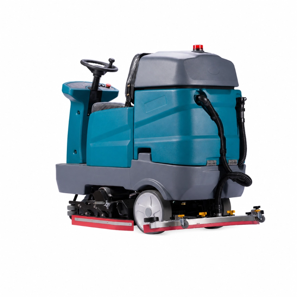 ZY-D8G ride-on floor scrubber sweeper right rear view, integrated floor cleaner with dual rear squeegee, tank hoses, and operator console