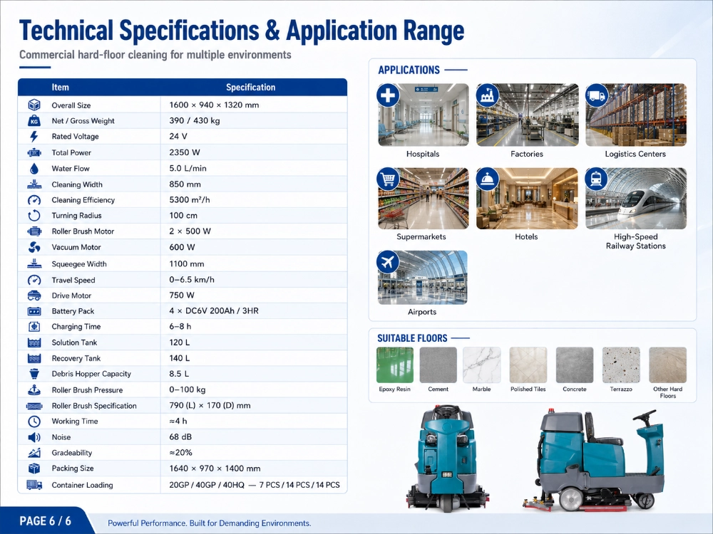 ZY-D8G ride-on floor scrubber sweeper infographic, full technical specifications, applications in hospitals/factories/airports, suitable floors (epoxy, cement, marble, concrete)