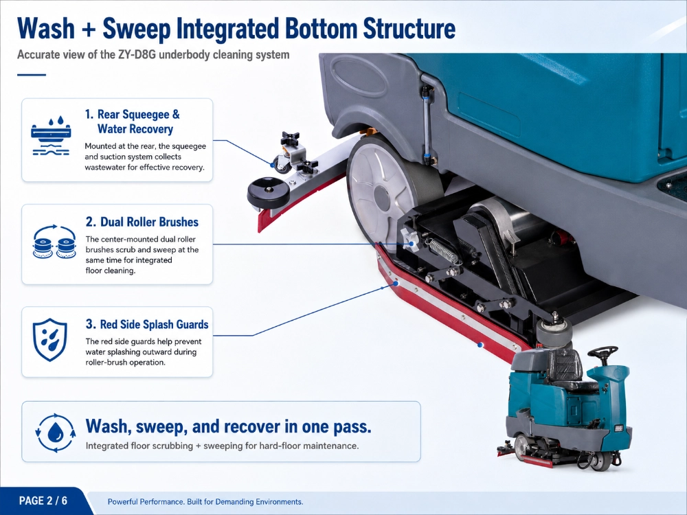 ZY-D8G ride-on floor scrubber sweeper infographic, integrated wash and sweep underbody structure with rear squeegee, dual roller brushes, and splash guards