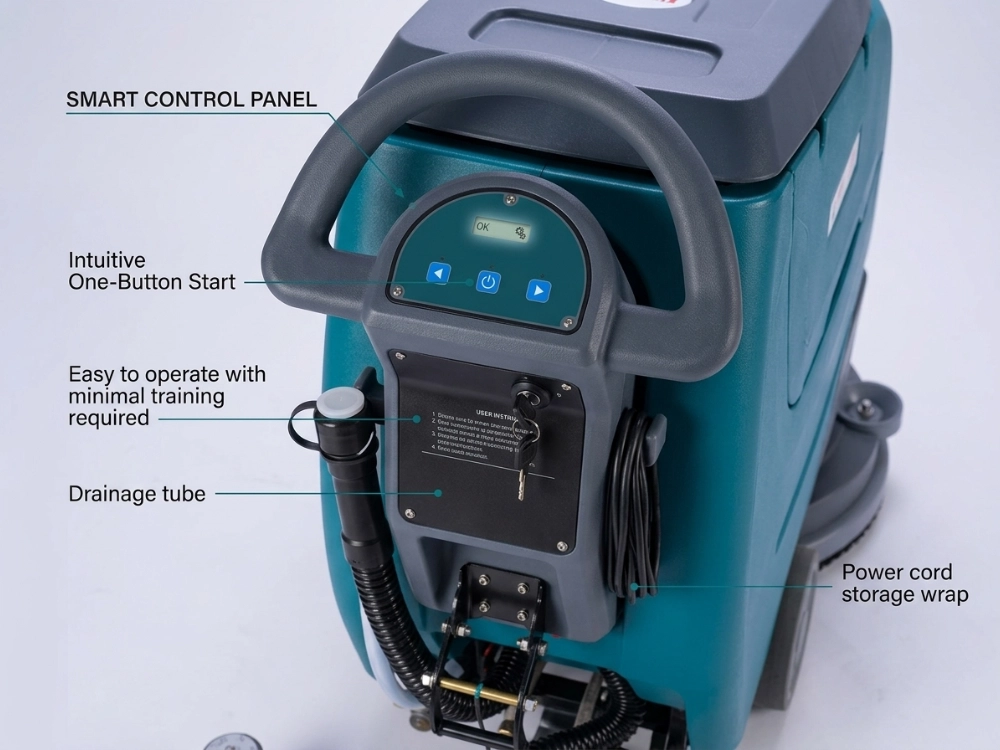 Smart control panel and external drainage pipe design of commercial floor scrubber