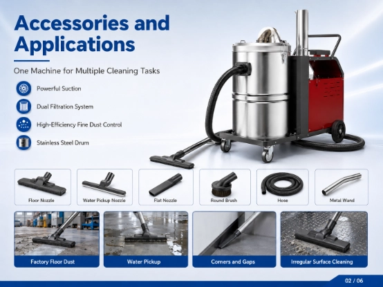 ZY-G1 industrial vacuum cleaner accessories and application display chart, complete cleaning spare parts including floor nozzle, round brush, hose, metal wand, multi-scene industrial cleaning for factory floor, water absorption, corner gap dust removal