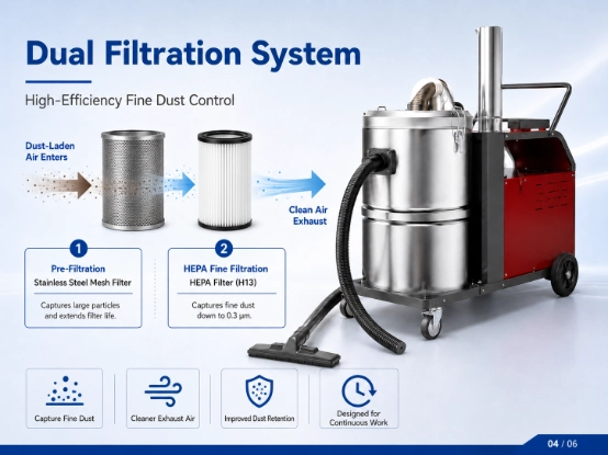 ZY-G1 industrial vacuum cleaner dual filtration system diagram, stainless steel pre-filter + H13 HEPA fine filter, captures 0.3μm fine dust, high efficiency industrial dust control vacuum equipment