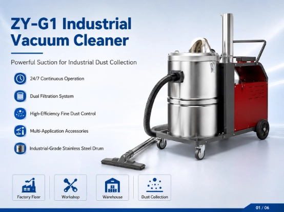 ZY-G1 industrial vacuum cleaner main banner picture, powerful industrial dust extractor with stainless steel drum, 24/7 continuous work, dual filtration system for factory workshop warehouse dust cleaning