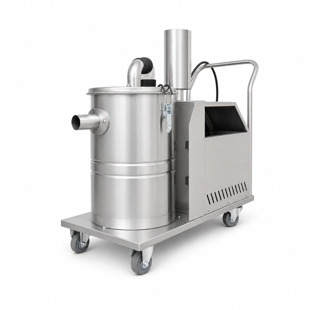 ZY-G1 industrial vacuum cleaner rear side view showing tank inlet, handle and wheeled cart