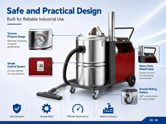 ZY-G1 industrial vacuum cleaner safe practical overall structure diagram, equipped with vacuum pressure gauge, simple control panel, heavy-duty metal frame and 360° swivel casters, durable mobile industrial dust extraction machine