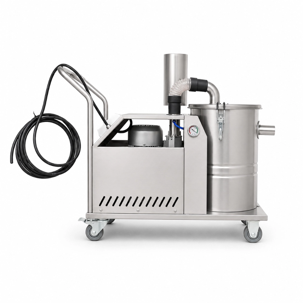 ZY-G1 industrial vacuum cleaner side view showing motor compartment and pressure gauge