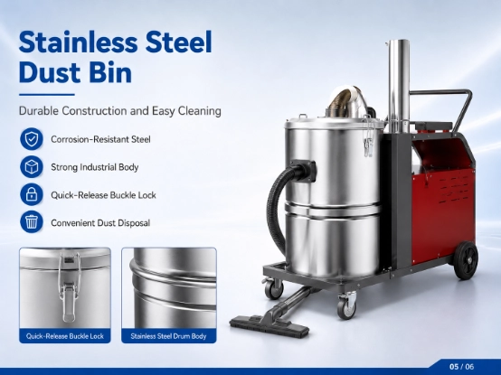 ZY-G1 industrial vacuum cleaner stainless steel dust bin detail image, corrosion resistant stainless steel barrel with quick-release buckle lock, durable industrial dust tank for easy ash disposal