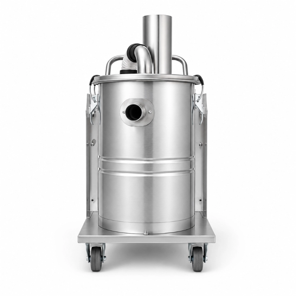 ZY-G1 industrial vacuum cleaner stainless steel collection tank front view with side inlet