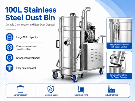 Detail picture 5 of ZY-G2 industrial vacuum cleaner, 100L large capacity stainless steel dust bin with corrosion resistant material and quick emptying design
