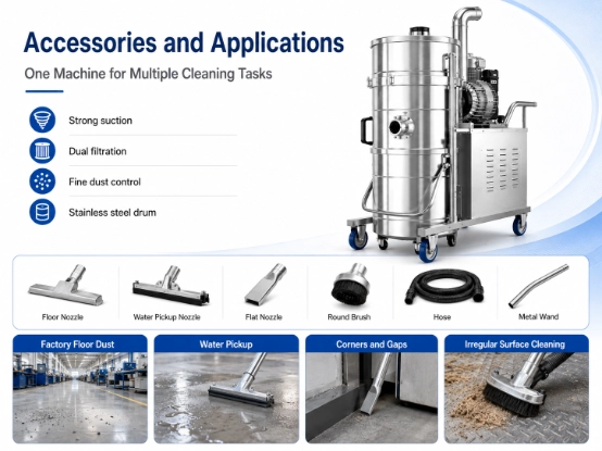 Detail picture 2 of ZY-G2 industrial vacuum cleaner, full set cleaning accessories display, multi-scene industrial application for dust and water pickup