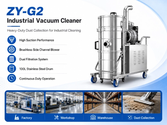 Detail picture 1 of ZY-G2 heavy duty industrial vacuum cleaner, stainless steel 100L tank with brushless blower, dual filtration for factory workshop warehouse dust collection