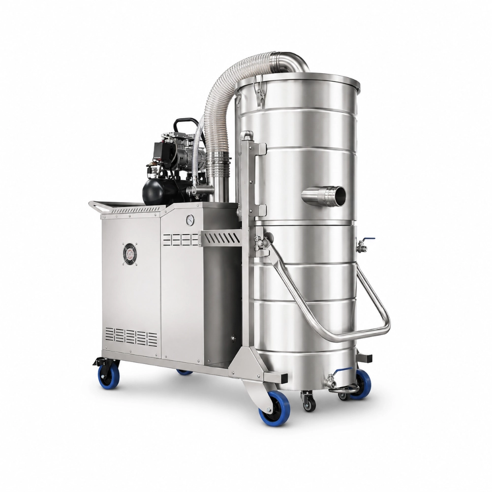 ZY-G2 industrial vacuum cleaner rear side view with pressure gauge, motor assembly, and stainless steel tank