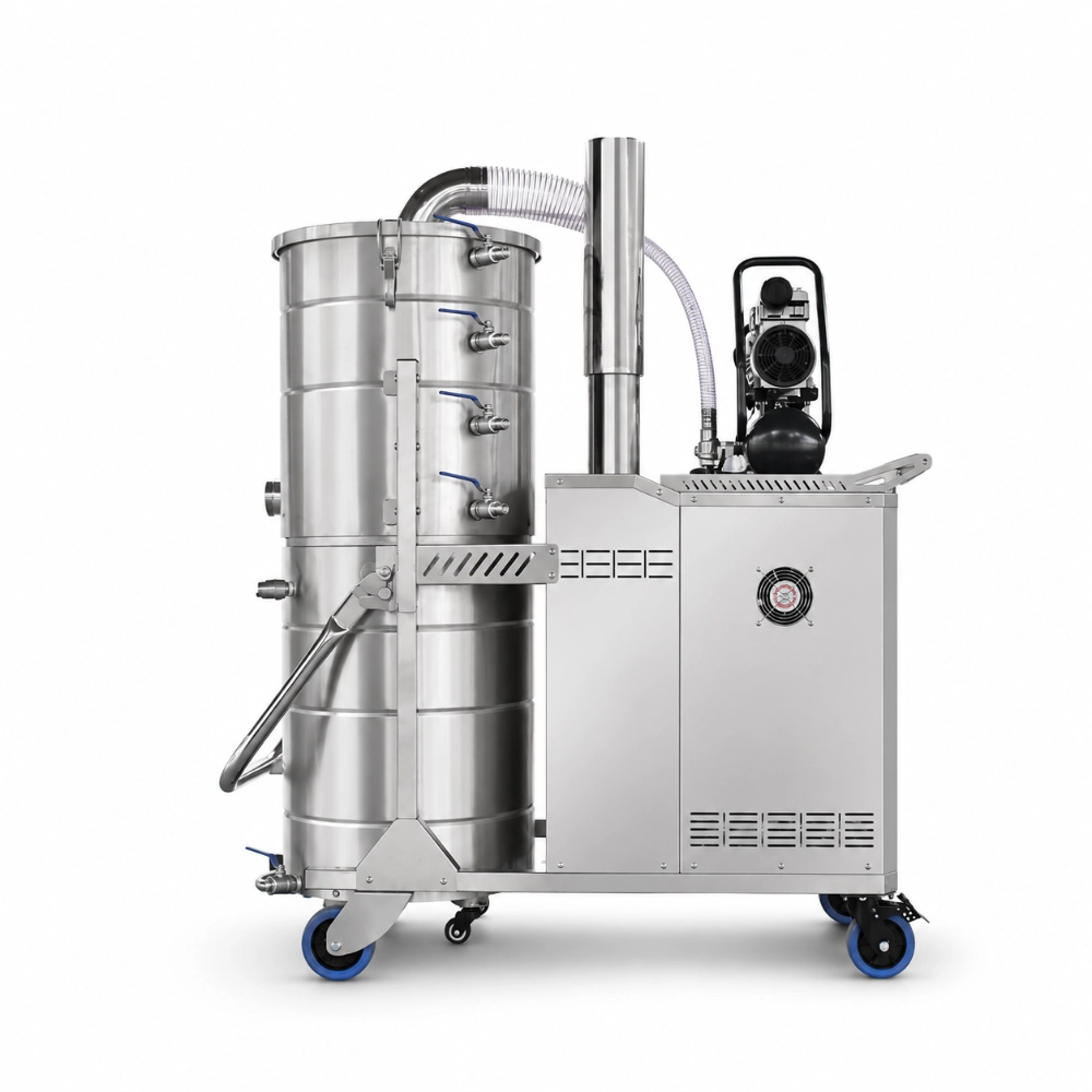 ZY-G2 industrial vacuum cleaner side view showing motor unit, multi-section stainless steel tank, and wheeled cart