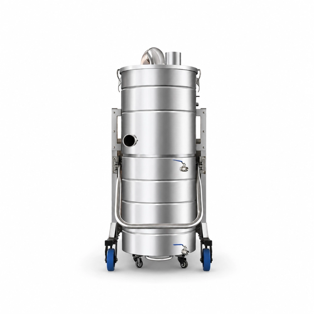 ZY-G2 industrial vacuum cleaner 100L stainless steel tank front view with inlet port and drain valve