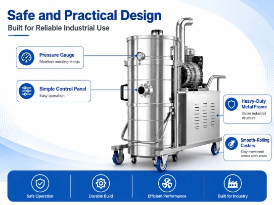 Detail picture 6 of ZY-G2 industrial vacuum cleaner, safe practical industrial design with pressure gauge, control panel, metal frame and rolling casters